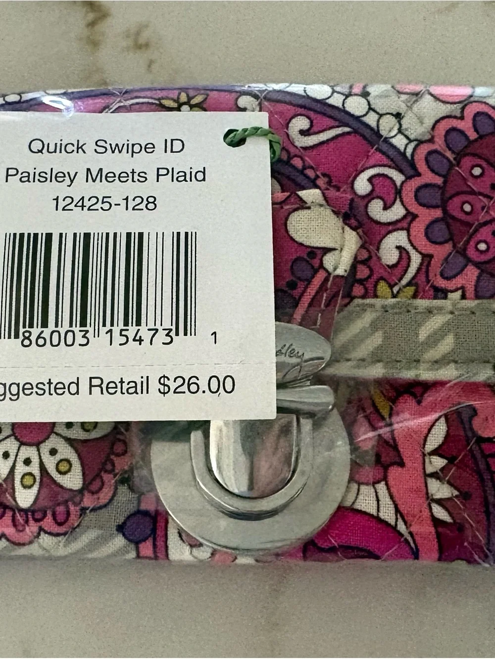 Vera Bradley Paisley Meets Plaid, (retired) quick swipe ID wallet,